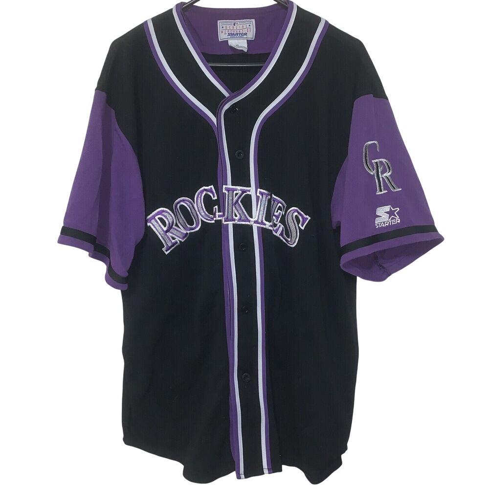 Vintage 90s MLB Colorado Rockies Black Purple Stitched Starter Jersey XL